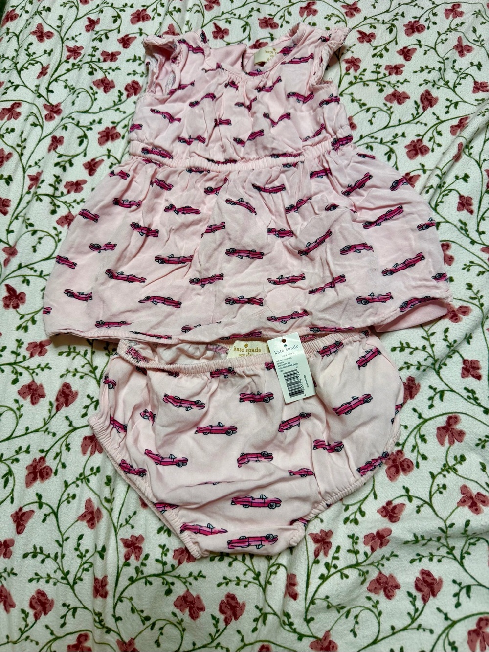 kate spade Baby Pink Convertible Car Cadillac Print Dress with Bloomer